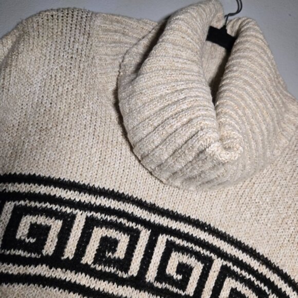 Kensie Fringe Knit Sweater Size Medium Beige Black Greek Key Pattern Cowl Neck - Picture 2 of 6